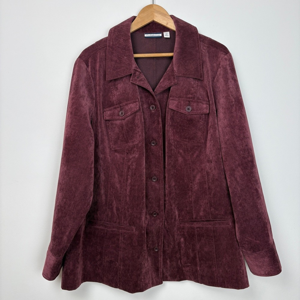 Croft & Barrow‎ Womens Corduroy Button Up Blazer Jacket Size 2X Burgundy Stretch